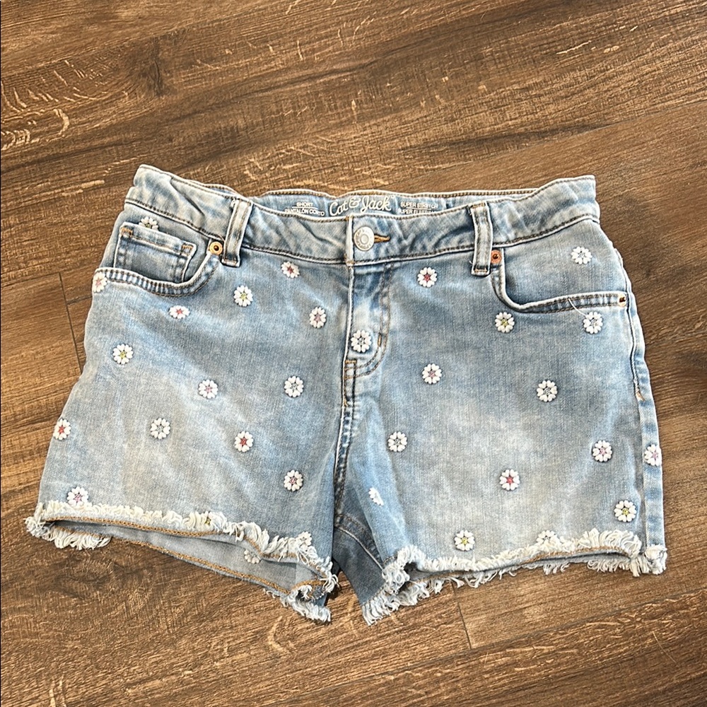 Light Blue Denim Shorts with Daisy Embroidery